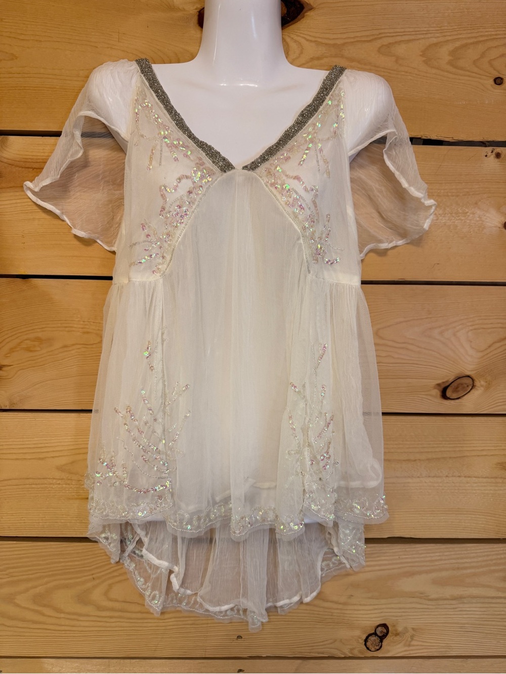 Free People Embellished Ivory Sheer Tunic Top Boho Festival Babydoll Size M
